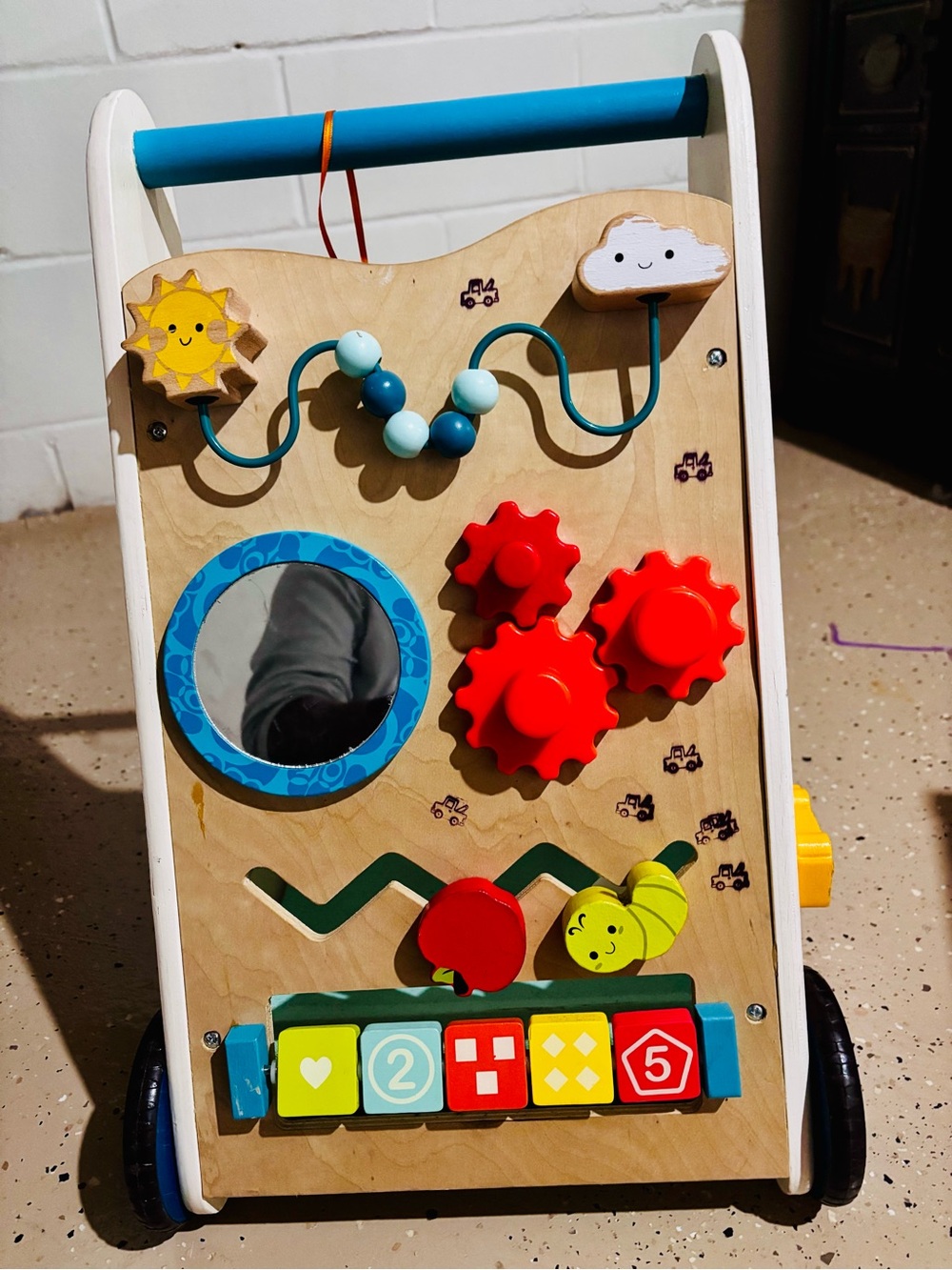 Wooden Activity Walker with Red Gears and Blue Accents - Kids Toys